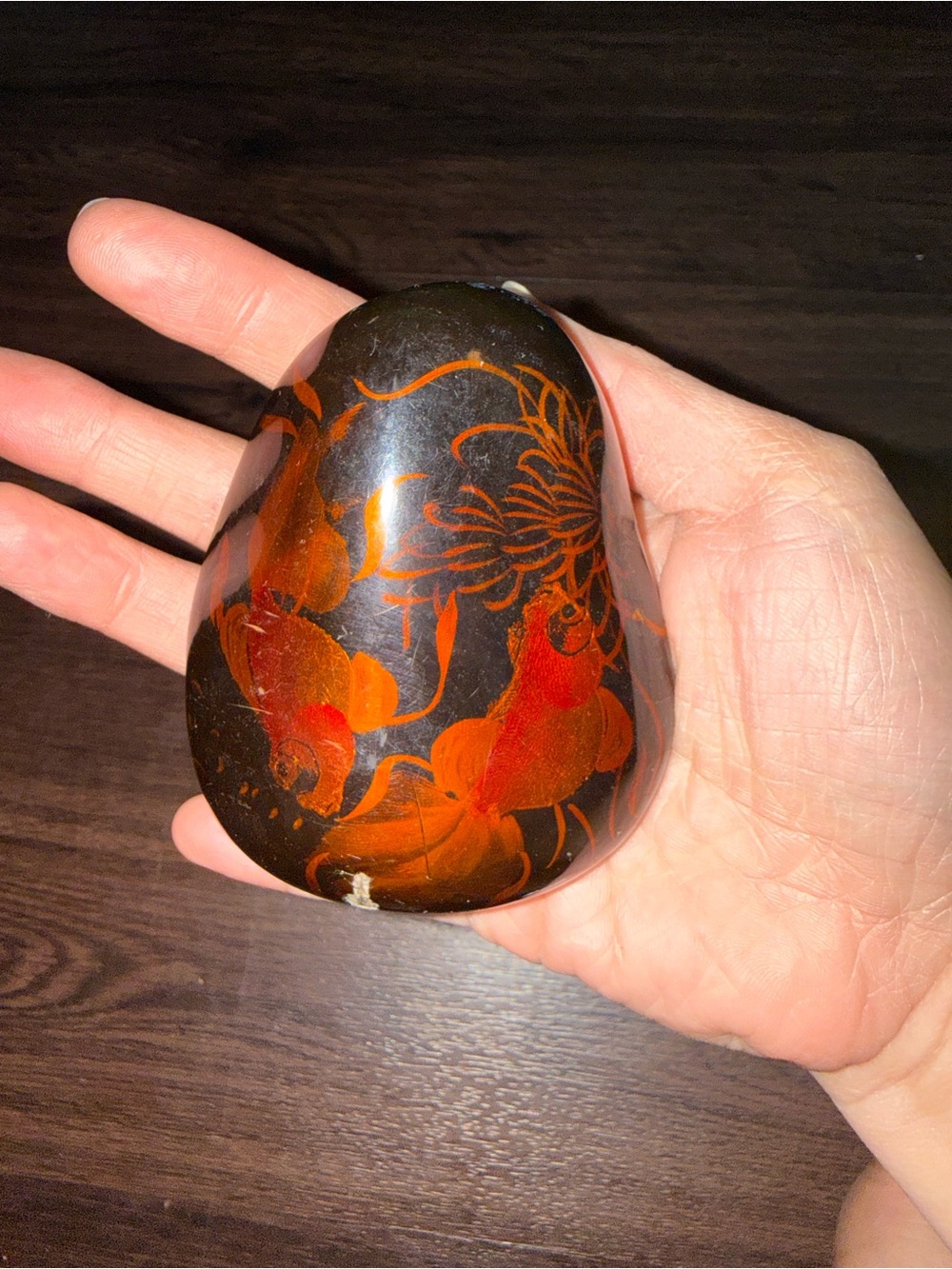 Hand Painted Stone Paperweight Koi Fish Floral Decor Black Polished Rock